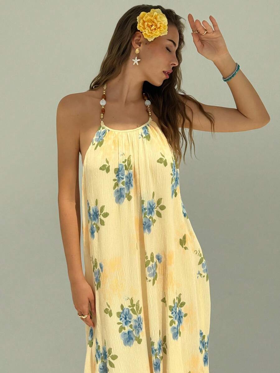Aloruh Vestido largo con estampado floral, cuello profundo en V con volantes y espalda descubierta para playa para mujer - Multicolor - Ver 1