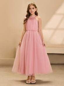 女童礼服公主风格无袖生日派对薄纱礼服，适合花童/婚礼/钢琴演奏会 - 粉色 - 查看 3