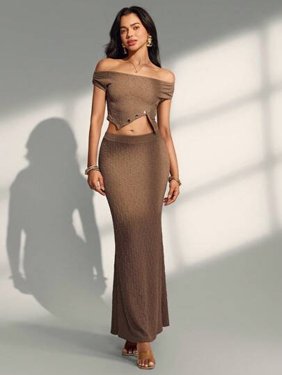 Almamuse Coffee Striped Texture Asymmetrical Decorative Button Hem Casual Stylish Set For Women Brown Two Piece Set Women Two Piece Long Skirt Set Fall Women Clothes Maillard Style Summer Brown