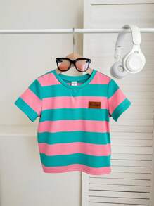 SHEIN 1 Áo thun cổ tròn tay ngắn kẻ sọc rộng rãi thoải mái cho bé trai, mềm mại và thoải mái, cổ điển và đa năng, phù hợp cho mùa xuân/hè - màu xanh lá - Xem 3