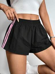 SHEIN PETITE กางเกงขาสั้นผู้หญิงเอวยืดสไตล์ขอบข้างหลวม สำหรับฤดูร้อน