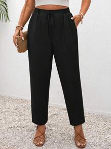 SHEIN PETITE CURVE Tapered Black Plain Plus Size Pants In Woven Fabric For Everyday Comfort Elastic Waist Pants Textured Pants,Fall Clothes For Women