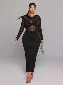 SHEIN LUNE Damen Große Größen Langarm Rundhals Mesh Applikation Sexy figurbetontes Partykleid