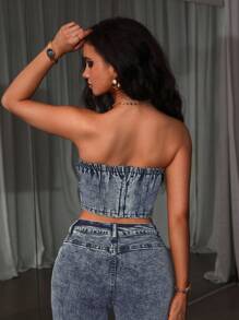 SHEIN ICON 女士镂空设计短款性感修身牛仔紧身背心 - 淺色水洗藍 - 查看 2