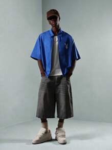 PLAYBOY X SUMWON Camicia sportiva con chiusura lampo, collezione streetwear, stile di vita urbano, logo stampato anteriore e posteriore, casual estivo, leggero, oversize - Blu reale - Visualizzare 7