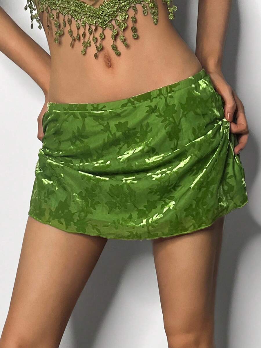 EgrlEra Women's Flocked Mesh Floral Pattern Mini Skirt - Green - View 1