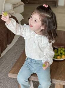 Dazy Kids 女婴蕾丝蝴蝶结休闲长袖上衣，幼儿秋装 - 白色 - 查看 1