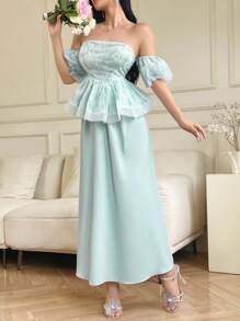 Modelyn 女士植物印花荷叶边露肩泡泡袖上衣和中长裙优雅两件套 - 薄荷綠 - 查看 4