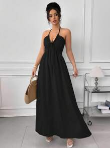 Rafferiza Halter Tie Back Hollow Out Flared Dress