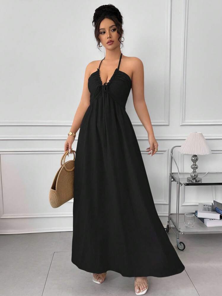 Rafferiza Halter Tie Back Hollow Out Flared Dress Backless Maxi
