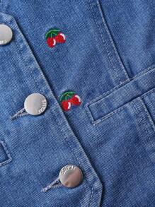 SHEIN 1 套女婴水洗蓝色休闲修身可爱樱桃刺绣牛仔背心和时尚樱桃刺绣牛仔短裤，2 件套服装，简约时尚百搭日常穿着 - 中等水洗藍 - 查看 7