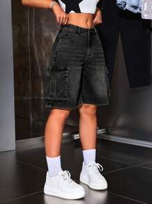 SHEIN PETITE Women's Casual Washed Flip Pocket Loose Cargo Denim Shorts, Summer