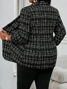 SHEIN Lady 大码女式秋季办公室装格子印花缺口领西装外套 - 黑色 - 查看 2