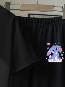 女童可爱兔子卡通印花圆领短袖T恤和紧身针织喇叭裤黑色可爱两件套 - 黑色 - 查看 8