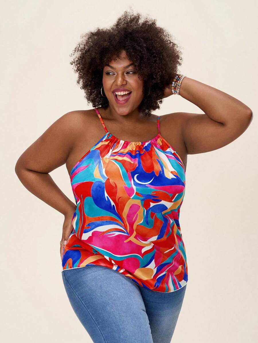 Comfylo Plus Size Women Full Print Loose Fit Camisole Top Summer Boho Old Money - Multicolor - View 1