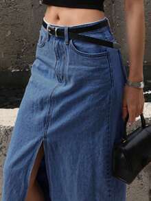 DAZY 女士时尚街头风格高开叉毛边加长牛仔裙，不含腰带 - 藍色 - 查看 5