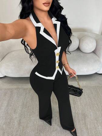 SHEIN SXY Women's Elegant Fashion High-End Black & White Color Block Metal Buckle Decor Old Money Style Set - Sleeveless Blazer + Super Long Straight Leg Pants 2-Piece Suit Set, Professional/Commute Outfit, Suitable For Daily Wear, Dates, Gatherings, Parties, Formal Occasions; Black And White 2 Pieces Pantsuit Set Women,Work Outfits For Women