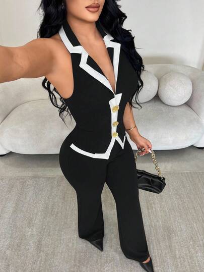 SHEIN SXY Women's Elegant Fashion High-End Black & White Color Block Metal Buckle Decor Old Money Style Set - Sleeveless Blazer + Super Long Straight Leg Pants 2-Piece Suit Set, Professional/Commute Outfit, Suitable For Daily Wear, Dates, Gatherings, Parties, Formal Occasions; Black And White 2 Pieces Pantsuit Set Women,Work Outfits For Women