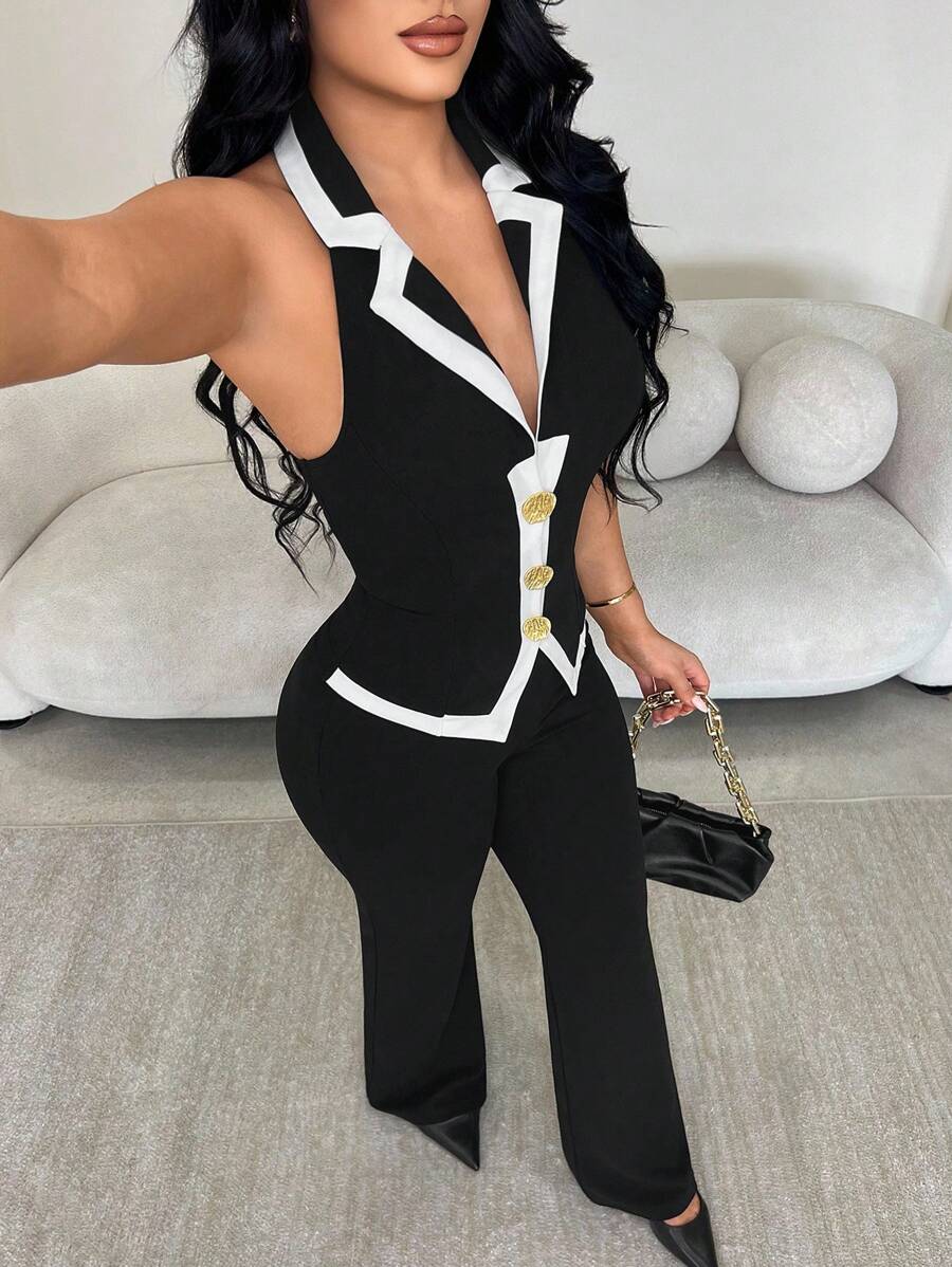 SHEIN SXY 女款優雅性感高端黑白夏季兩件式褲裝套裝,老錢風無袖西裝外套搭配長直筒長褲,適合夜店穿著 - 黑與白 - 查看 1