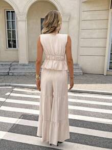 SHEIN Frenchy 2pcs/Set Women Summer Casual Solid Color Sleeveless Top And Wide Leg Pants - Apricot - View 2