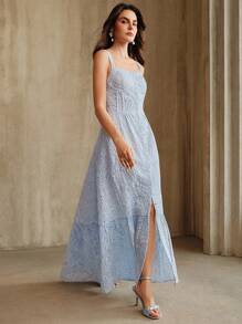 Anewsta 优雅荷叶边镂空刺绣腰部A字长裙女士连衣裙，浅蓝色，适合海滩度假