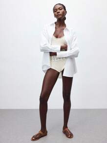 Maija 女士纯色镂空设计性感吊带背心连体裤 - 杏色 - 查看 7