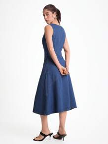 Daynim 1 件女式纯色不对称下摆休闲无袖牛仔连衣裙 - 中等水洗藍 - 查看 2