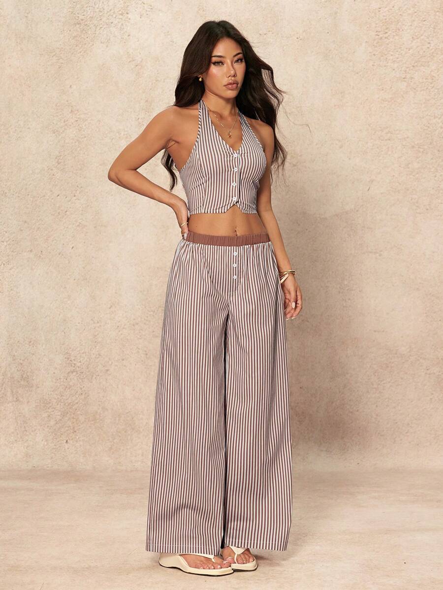 SHEIN PETITE Bộ 2 món/Bộ áo yếm không tay kẻ sọc cho nữ và quần ống rộng - Nhiều màu - Xem 1