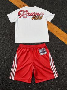 Manfinity Roghcode 男士短袖套装，短袖 T 恤搭配短裤套装，休闲装，适合年轻休闲、通勤、返校、运动，送给丈夫或男朋友的绝佳礼物，男女通用情侣套装 - 彩色 - 查看 7