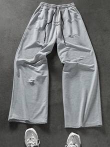 Manfinity EMRG Men's Loose Street Style Letter Embroidery Distressed Sweatpants Grey Baggy Sweatpants Ripped Sweatpants Sweatpants Patched Los Angeles Sweatpants Sweatpants With Holes Grey Sweatpants Los Angeles - Grey - View 1