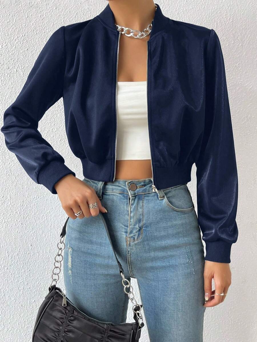 SHEIN EZwear Chaqueta bomber corta con cremallera de color sólido para primavera/invierno - Azul Marino - Ver 1