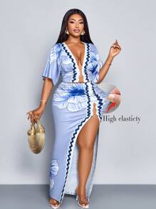 SOLERSUN Plus Size Women's Fashion Floral Positioning Print Metal Buckle Decoration Slit Hollow Lace Two Pieces Suit, Spring And Summer Suit Wear, Seaside Vacation Two Pieces Suit - Blue - View 6