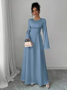 Elenzga 优雅杏色 A 字型束腰喇叭袖连衣裙长款缎面女装 - 藍色 - 查看 3