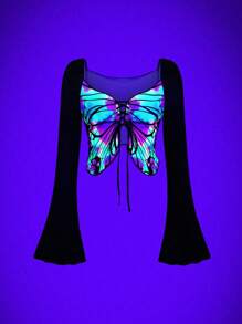 EgrlEra 女式甜心领蝴蝶结点缀喇叭袖荷叶边下摆 T 恤（随机颜色抽绳）Y2K 服装图案 T 恤女式上衣