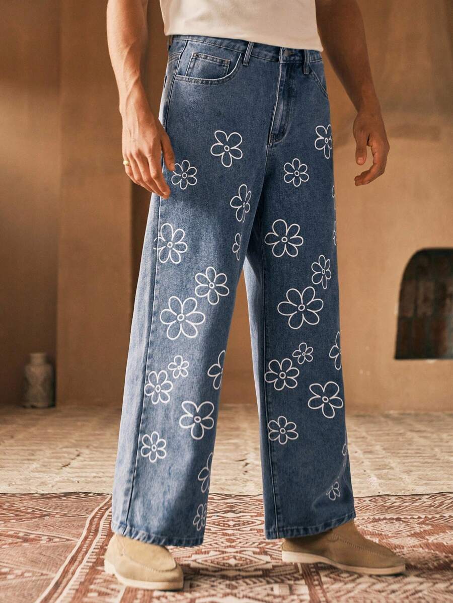 Manfinity VCAY Jeans rectos de cintura media con estampado floral simple y tejido casual para hombres - Azul - Ver 1