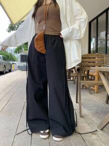 DAZY Women's Solid Color Elastic Waist Side Tie Front Pleated Loose Wide Leg Casual Pants Sweatpants - Black - View 2