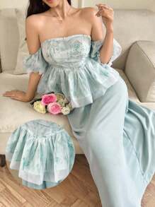 Modelyn 女士植物印花荷叶边露肩泡泡袖上衣和中长裙优雅两件套 - 薄荷綠 - 查看 1