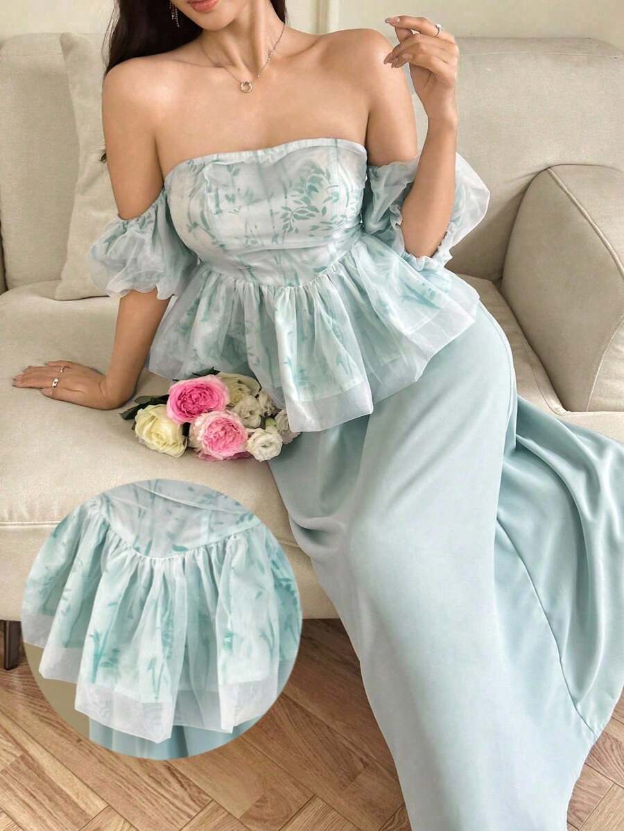 Modelyn 女士植物印花荷叶边露肩泡泡袖上衣和中长裙优雅两件套 - 薄荷綠 - 查看 1