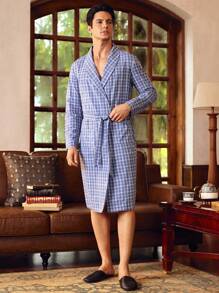 Manfinity Men's Plaid Shawl Collar Long Sleeve Pocket Casual Bathrobe - Blue - View 3