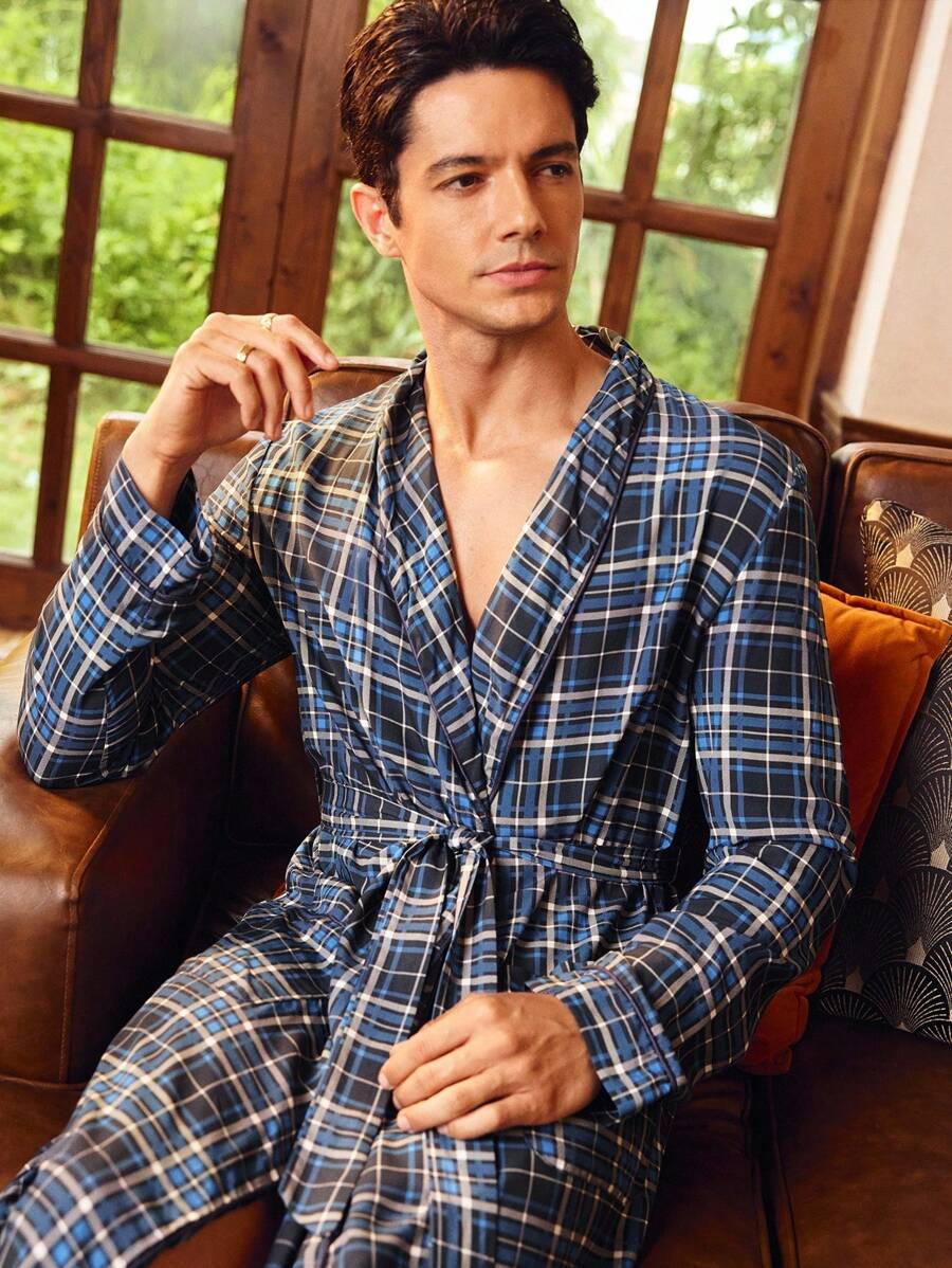 Manfinity Men's Plaid Print Shawl Neck Patchwork Pocket Belted Lounge Robe, Fall - Multicolor - View 1
