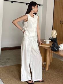 DAZY 2pcs/Set Summer Casual Lace Patchwork Camisole And Wide Leg Pants Set For Women Lounge Sets For Women Short Sets For Women - Beige - View 6