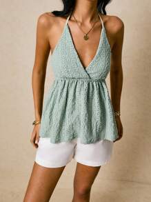 Poéselle Women's Summer Sexy V-Neck Halter Backless Embroidered Ruffle Hem Top - Green - View 4