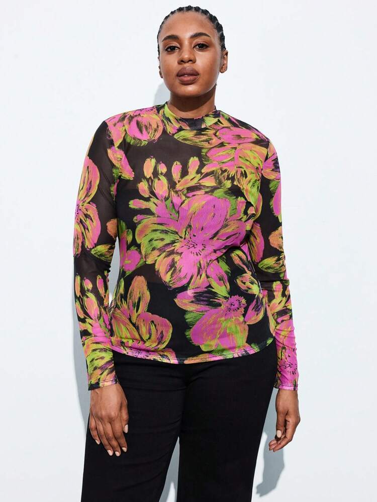 SHEIN Maija Plus Size Women's Sheer Rose Floral Print Long Sleeve Fitted Blouse, Urban Chic Business Casual Office Wear For Autumn