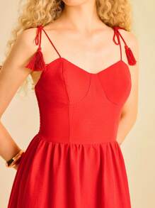 CAJUNI Abito lungo casual da donna in stile boho con stampa tropicale rossa, decorato con nappine, a spalline, con inserti in pizzo sul petto e l'orlo, adatto per le vacanze