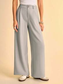 CAJUNI Women's Grey Pleated Elegant Long Suit Pants-Boho Women Clothing/Western Clothes For Women/Casual Woman-Basic /Going Out Tops Women/Fall Women Clothes - Grey - View 6
