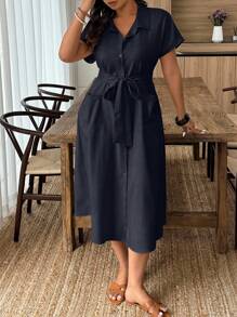 Weeklong Đầm sơ mi tay ngắn đơn hàng khuy đơn cỡ lớn cho nữ phong cách nghỉ dưỡng thường ngày màu trơn - Màu xanh hải quân - Xem 2