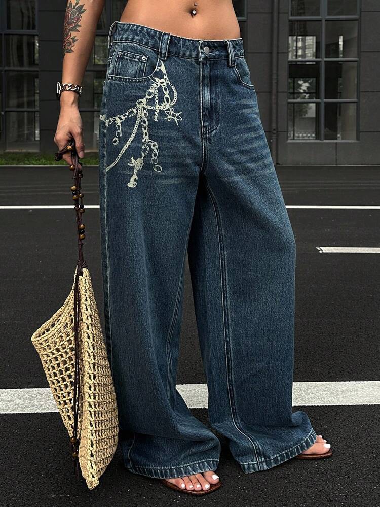 Women's Chain Print Casual Loose Straight Leg Jeans, Street Style