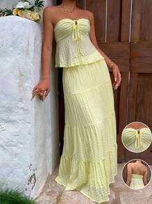 Lyxana Women's Tie Front Halter Top And Flowy Skirt Vacation Fashion Set - Yellow - View 6