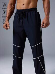 Manfinity Sport Polished Men's Contrast Color Trim Outdoor Sport Pants Sweat-Wicking Lightweight Comfortable Running Muscle Minimalist Design Slim Fit For Workout Joggers Gymwear - Navy Blue - View 7