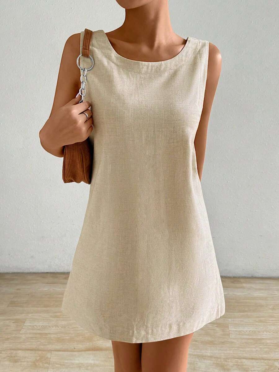 SHEIN EZwear Vestido de verano sin mangas para mujeres, con cuello redondo y huecos en unicolor